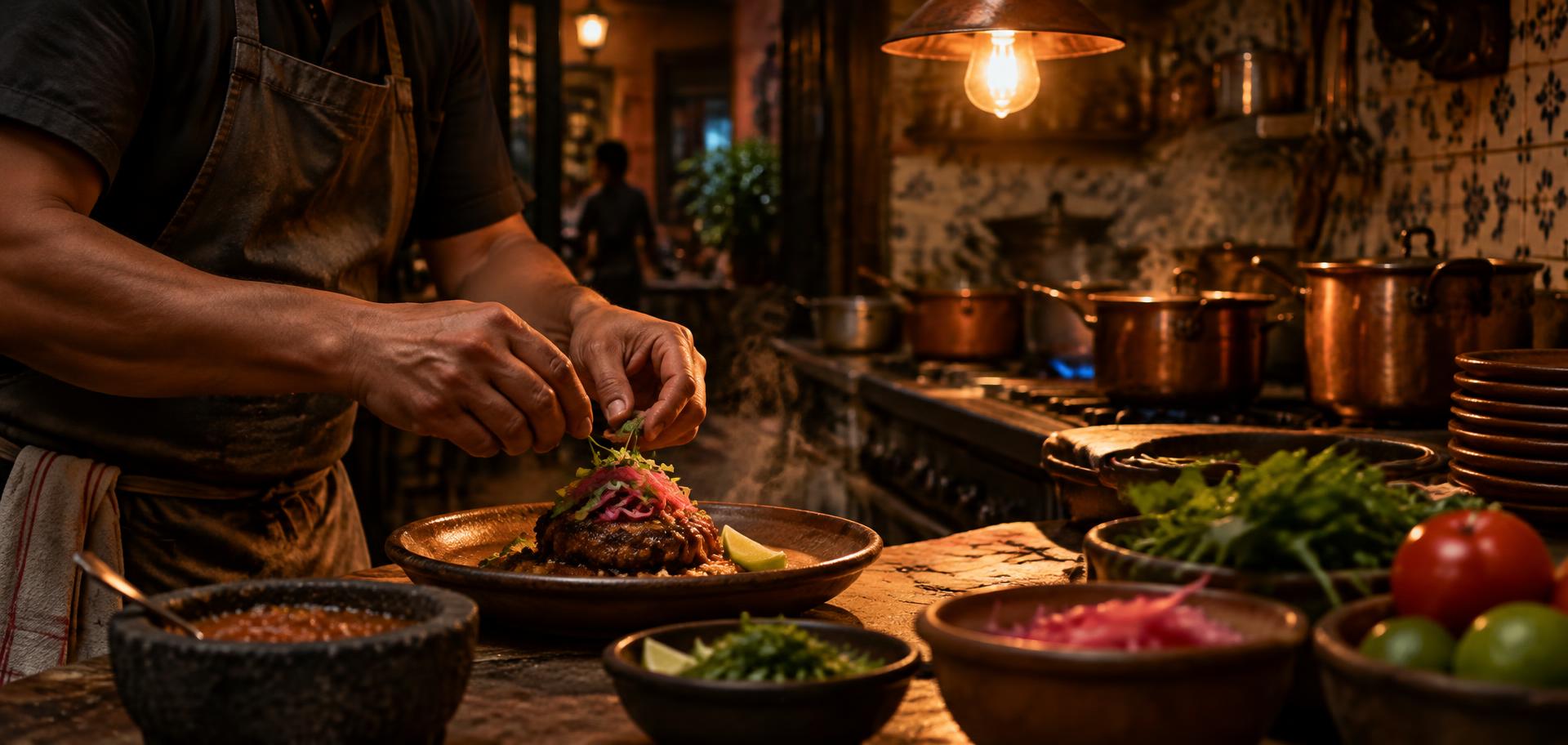 Manos de un cocinero terminando un platillo en una cocina real