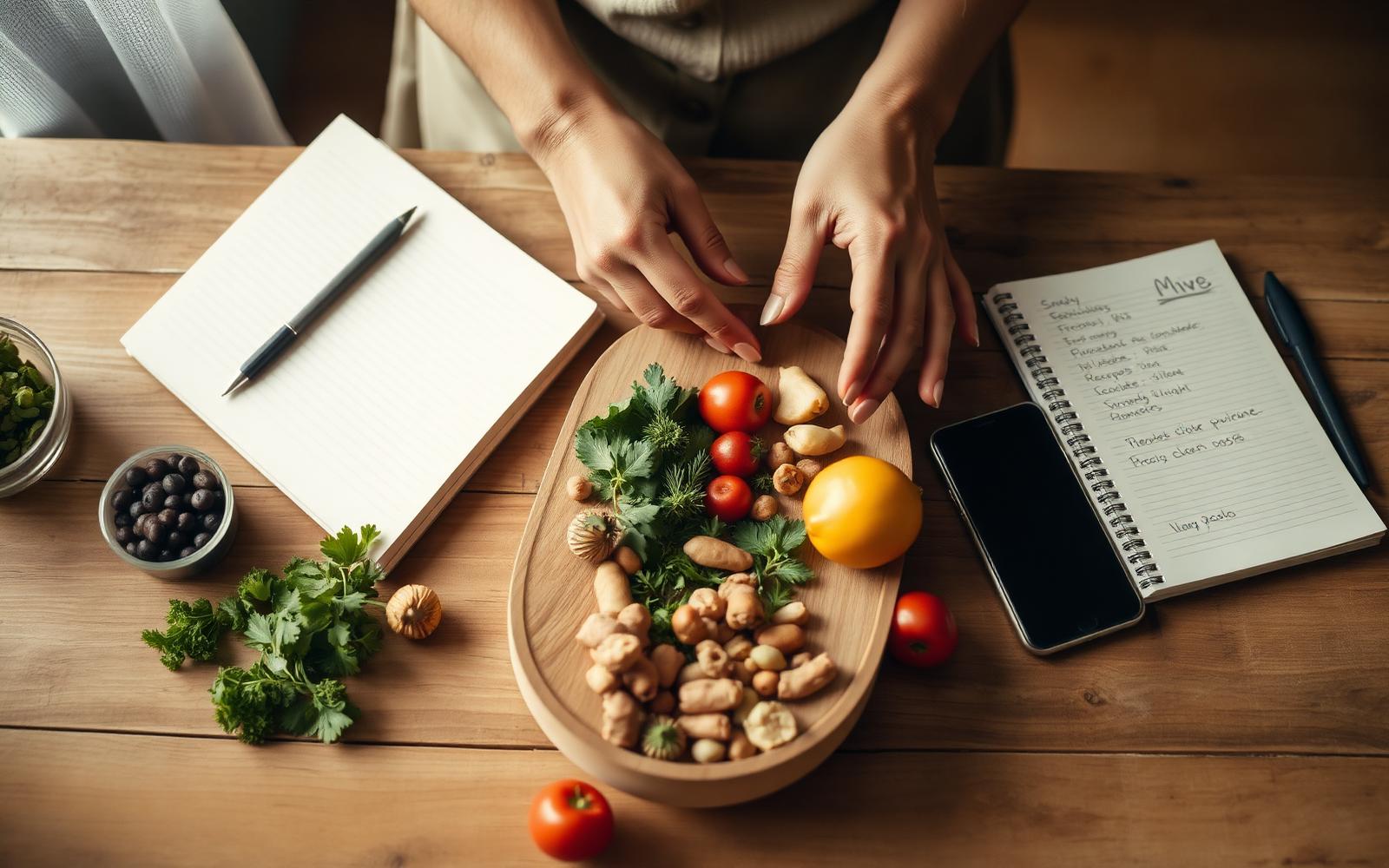 Manos organizando ingredientes frescos junto a libretas de recetas
