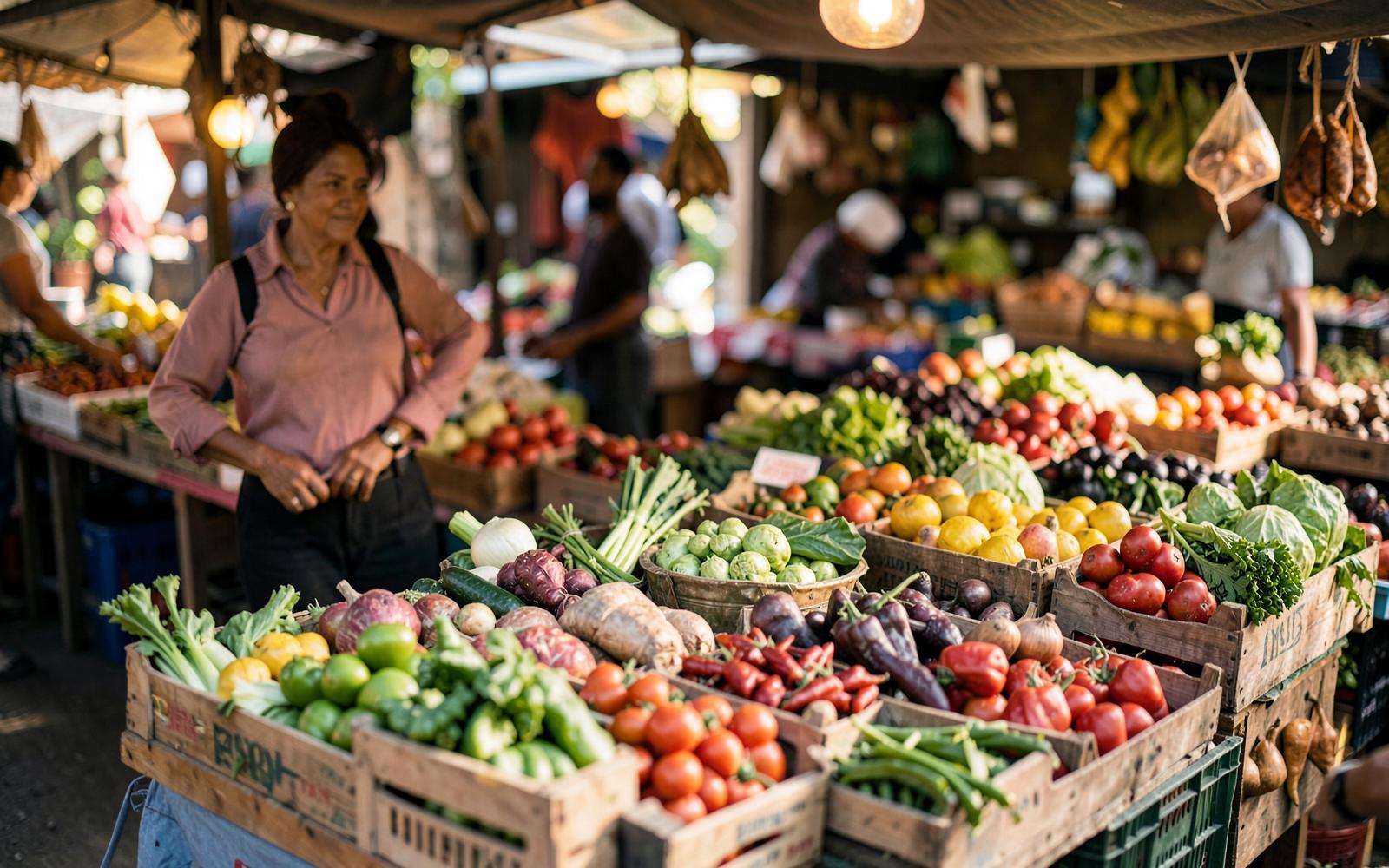 Mercado latinoamericano con puestos de productos frescos